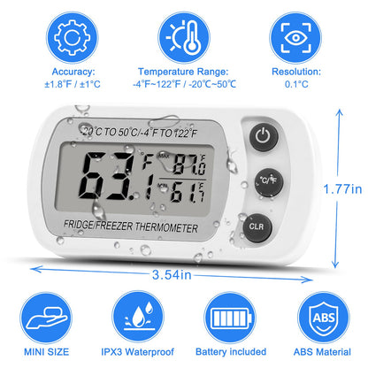 Lasubst Digital Refrigerator Thermometer 2 Pack for Fridge Freezer Cooler Waterproof, White