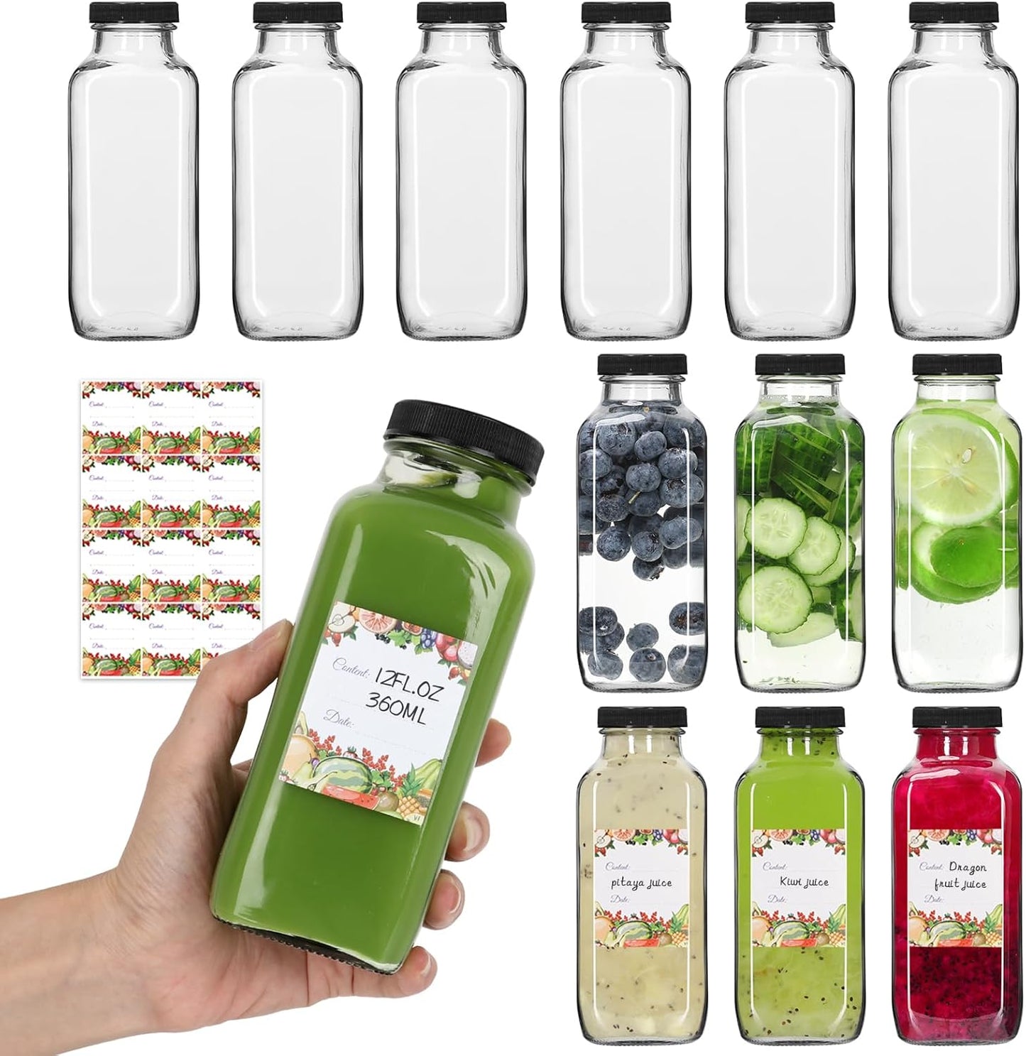 12 oz 12Pack, 360ml (12fl.oz, Set 12) Alotpower Glass Juice Bottles with Lids Square Reusable Drinking Bottles