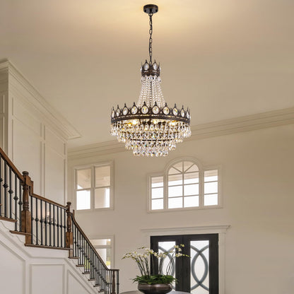 7PM French Empire Crystal Chandeliers, Vintage Crystal Chandelier, Antique Bronze Chandelier, Rustic Farmhouse Ceiling Light Fixture for Dining Room Bedroom Living Room Kitchen Foyer, W 24"