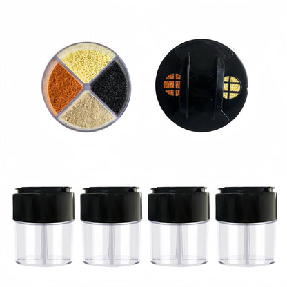 4-Pack 4 in 1 Salt and Pepper Shaker Jars Bottles, 4-Grid Flip Lid Spice Jars - Cylindrical Empty Plastic Seasoning Containers with Transparent Body for Travel Camping BBQ Kitchen Cooking (Black)