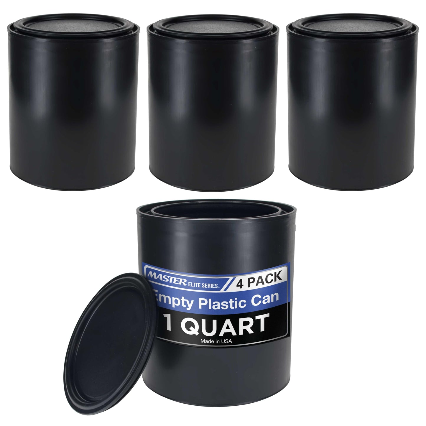 Master Elite 1 Quart Empty Plastic Paint Can Bucket, Pack of 4 - Triple Lock Airtight Lid Seal, 32 fl. oz. All-Plastic Coating Storage Container Can - Pail Handle, Dent & Rust Proof, Odor Resistant
