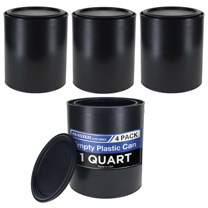 Master Elite 1 Quart Empty Plastic Paint Can Bucket, Pack of 4 - Triple Lock Airtight Lid Seal, 32 fl. oz. All-Plastic Coating Storage Container Can - Pail Handle, Dent & Rust Proof, Odor Resistant
