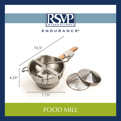 RSVP International Endurance Kitchen Tool Collection Stainless Steel Food Mill, 7.75" Diameter