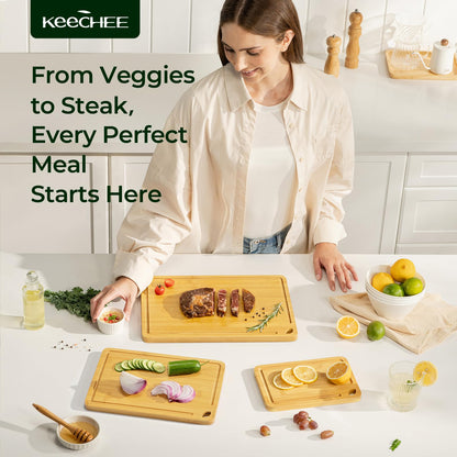 Keechee Wood Cutting Board for Kitchen - Reversible Bamboo Cutting Boards Gift Set of 3 with Juice Groove, Wooden Chopping Board for Meat, Fruit, Vegetables & Cheese (Pre Oiled, Natural)