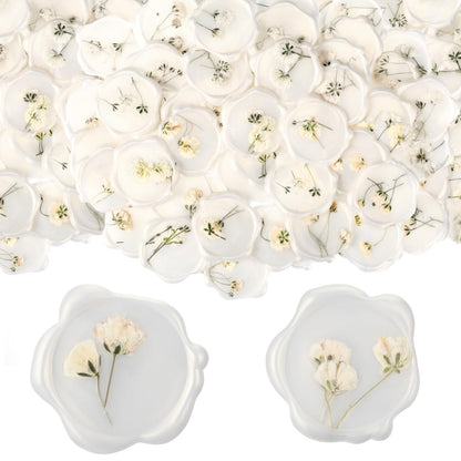 Qilery 50 Pcs Wax Seal Stickers Babys Breath Dried Floral Envelopes Seals Stickers Bulk for Wedding Invitation Bridal Shower Birthday Party Letter Greeting Cards Gift Wrapping, Self Adhesive (White)