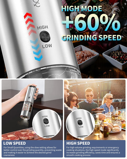 CIRCLE JOY Electric Pepper Grinder Stainless Steel Rechargeable Pepper Mill with Variable Grinding Speed, External Adjustable Coarseness, 95ml Container and White LED Light, Silver