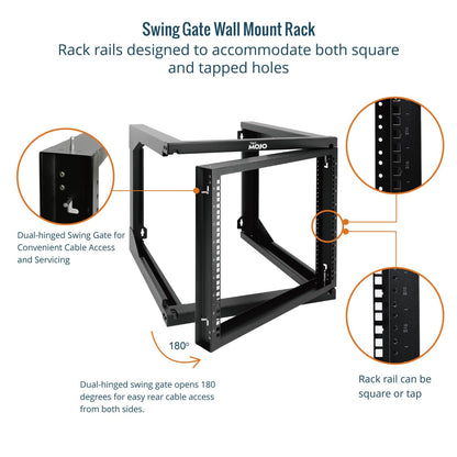 Tecmojo 9U Rack Wall Mount with Swing Gate, 9U Server Rack for 19inch Computer/AV/Data/IT/Media Equipment, Open Frame Server Rack with 24inch Depth, Square&Tapped Holes