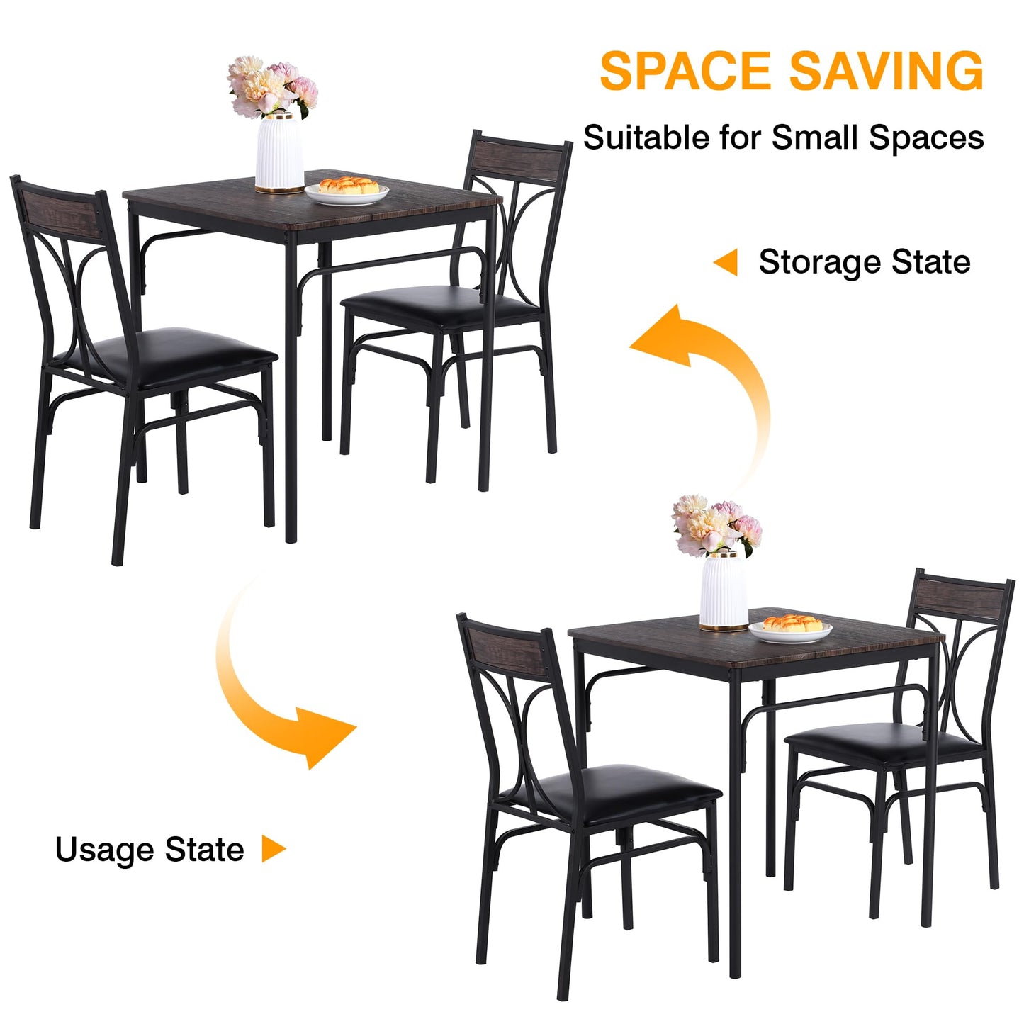 VECELO 3 Piece Dining Table Set for 2, Kitchen Table Set with 2 Chairs for Small Space, Space-Saving and Modern Design, Apartment, Easy to Assemble,Classic Brown