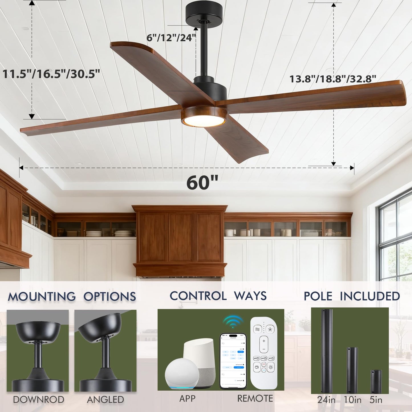 60 Inch Outdoor Smart Ceiling Fan with Light for Patio Damp Rated -High CFM Propeller 4 Wood Blades for Large Room, Rustic Farmhouse, Alexa/Tuya App/Remote Control, Quiet DC Motor, Porch, Gazebo