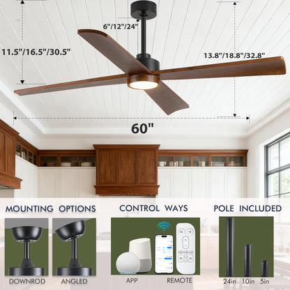 60 Inch Outdoor Smart Ceiling Fan with Light for Patio Damp Rated -High CFM Propeller 4 Wood Blades for Large Room, Rustic Farmhouse, Alexa/Tuya App/Remote Control, Quiet DC Motor, Porch, Gazebo