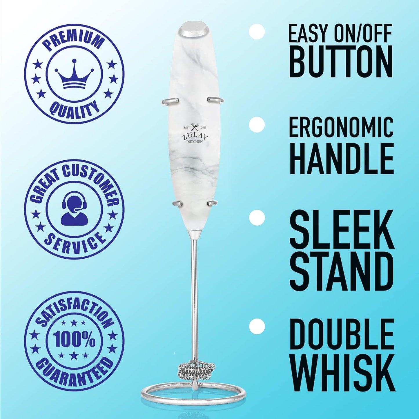 Zulay Kitchen Powerful Double Whisk Milk Frother Handheld - Foam Maker with Stand - Whisk Drink Mixer for Coffee, Mini