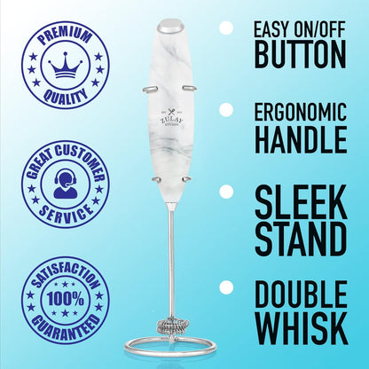 Zulay Kitchen Powerful Double Whisk Milk Frother Handheld - Foam Maker with Stand - Whisk Drink Mixer for Coffee, Mini