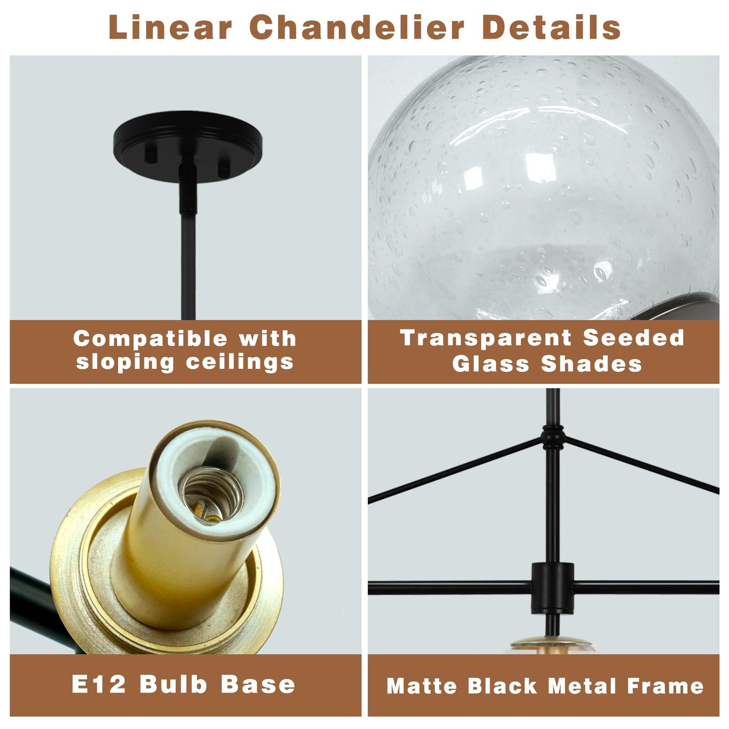 Lzawvm Modern Linear Chandelier Black and Gold Chandelier Dining Room Light Fixture 6 Lights Linear Pendant Light with Seedes Glass Globe Shade for Farmhouse Island Over Tble, Length 51.58 Inch