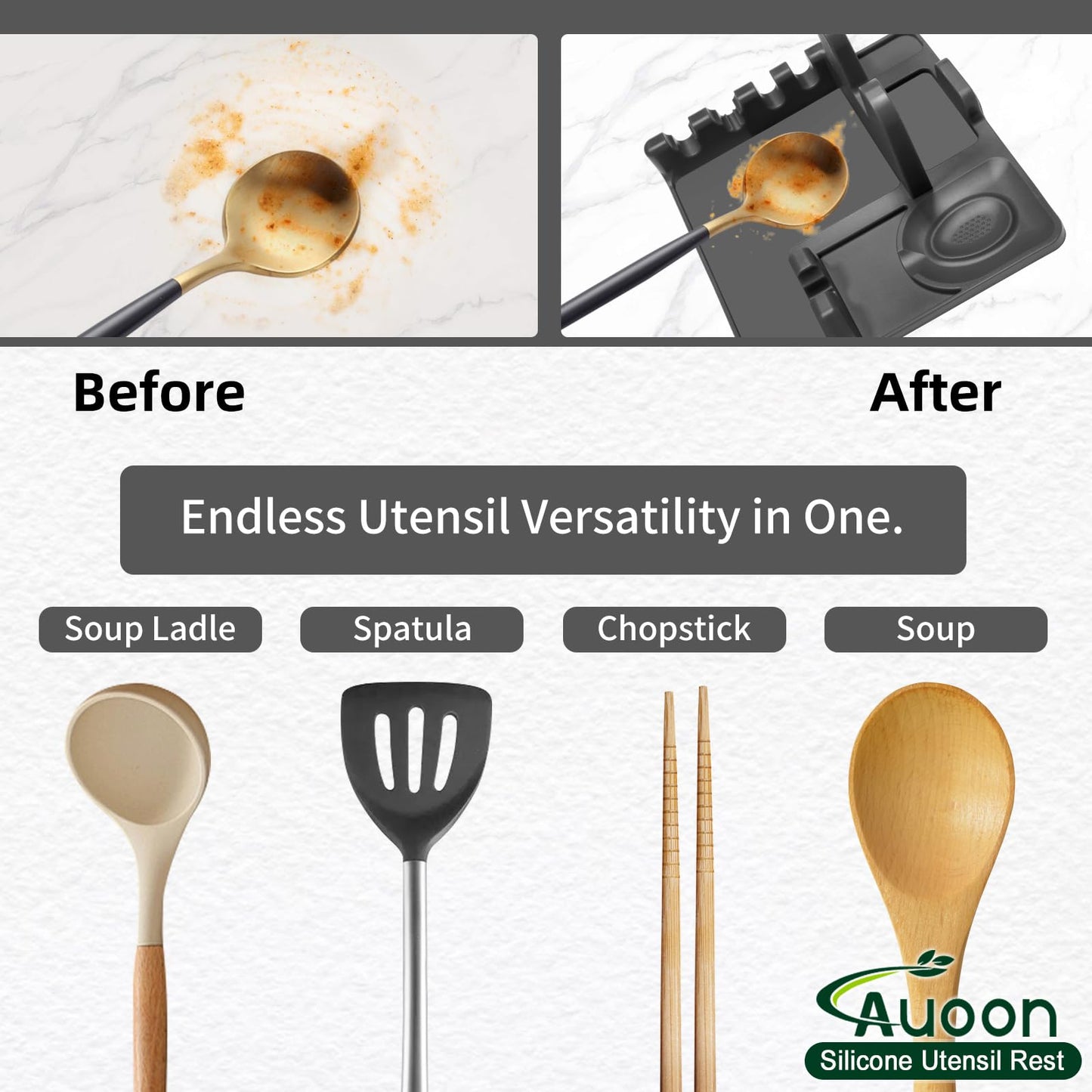 Auoon Silicone Spoon Rest with Lid Holder - 3 in 1 Kitchen Utensil Rest for Soup Ladles, Pot Lids, Spatulas, Spoons, Tongs, BPA Free & Dishwasher Safe, 8.26 x 8.06 Inch (Gray, Large)
