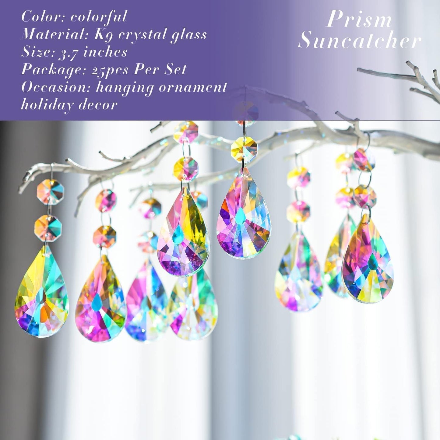 25pcs 50mm kanpura Crystal Prisms Chandelier Suncatcher Beads Replacement Colorful Hanging Crystals for Chandeliers
