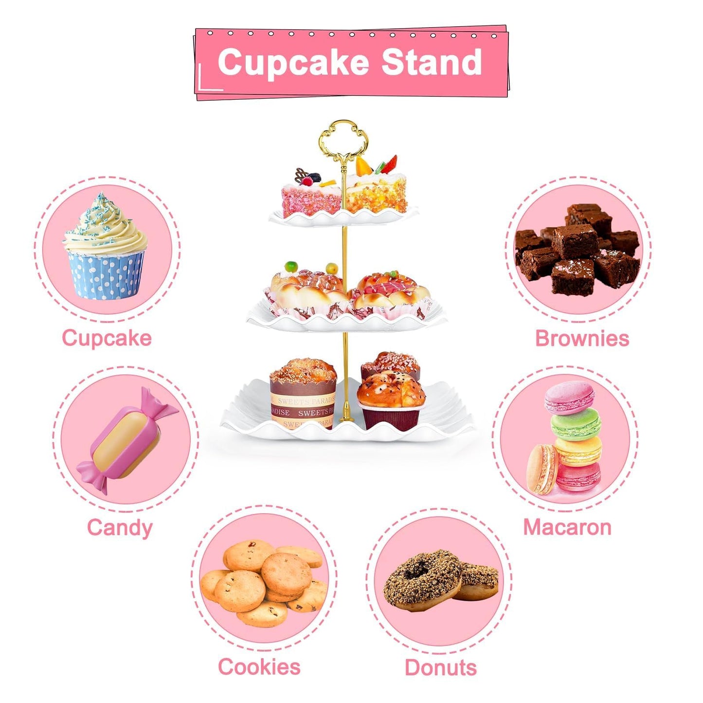 5 Pcs Dessert Table Display Set - 2 Pcs 3-Tier Dessert Display Stands & 3 Pcs Serving Tray - Dessert Trays Dessert Stands Treat Table Displays Set for Tea Parties,Birthdays & Baby Showers