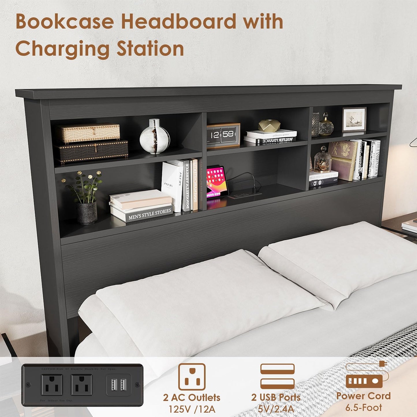 Garvee Queen Platform Bed Frame with Bookcase Headboard, Charging Station (USB & Type‑c), Tall Wooden Headboard, 9.6" Underbed Storage, No Box Spring Needed, Black