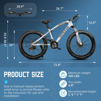 MarKnig 26 inch Fat Tire Mountain Bike, 21 Speed MTB with Dual Disc Brake for Adults, Anti-Slip Bicycle with 4 inch Knobby Tires, White