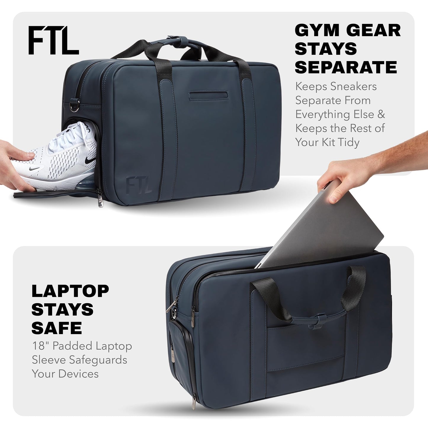 The FTL Pro Mens Travel Bag - 30L Premium Work to Gym Weekender Duffel with Garment Bag, Shoe Space & 18" Laptop Sleeve - Organized Athletic Business Carry On Hybrid, Fits Under Airplane Seat - Blue