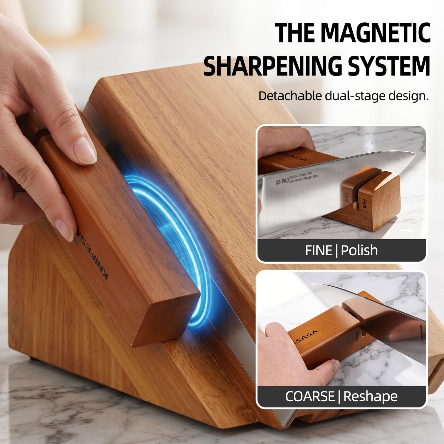 KnifeSaga Kitchen Knife Set with Block and Detachable 2-Stage Sharpener | 14-Piece Premium High Carbon Stainless Steel Knives with Ergonomic Anti-Slip Handle, Rubberwood Knife Block