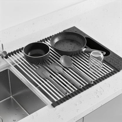 KEGFRES Roll Up Dish Drying Rack Over Sink, 17.5" x 15.2" Foldable SUS304 Stainless Steel Kitchen Dish Drainer, Heat-Resistant Multipurpose Rolling Sink Rack Organizer,Black