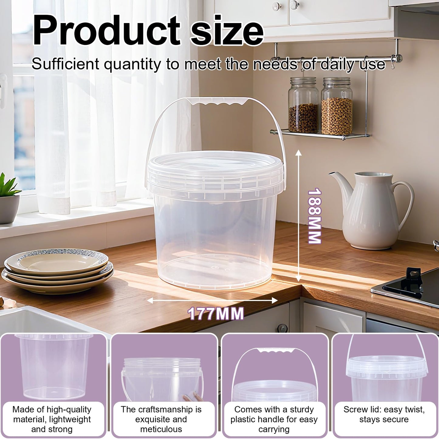 UMETASS 4 Pack 1 Gallon Food Grade Plastic Buckets with Screw Lids & Handle, Reusable Storage Containers for Snacks, Salad, Sauce - Clear Freezer Safe Bucket Set