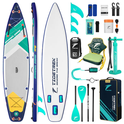 TIDETREK 11'6" Inflatable Stand Up Paddle Boards, Premium SUP Accessories, Non-Slip Comfort Deck for Youth & Adults (Ocean Sunrise/Kayak Seat)