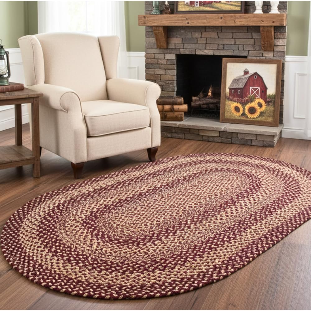 Jute Braided Rugs 4x6' Oval Rustic Trails – Burgundy & Tan Primitive Rugs for Living Room, Dining Room Decor, Farmhouse Living Accent