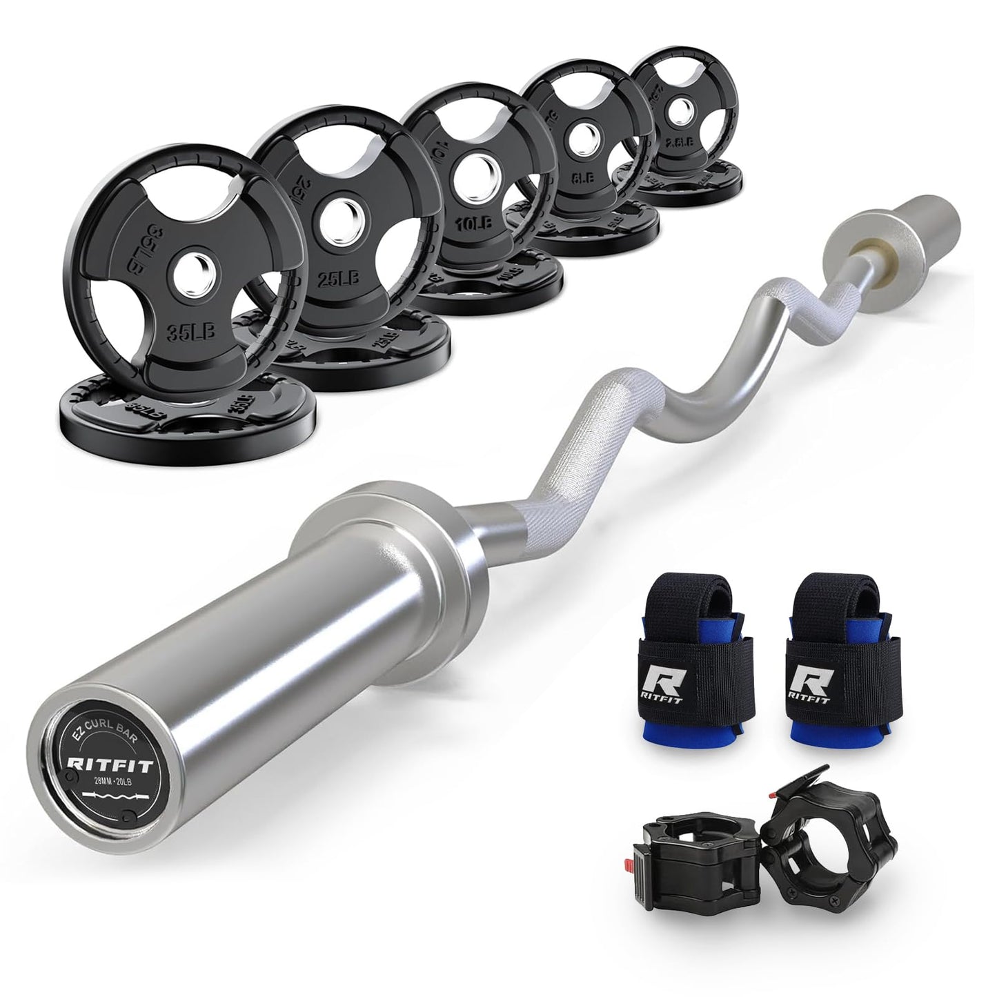 RitFit 2 Inch EZ Curl Bar with Weights, 350LBS Capacity Olympic Barbell for Bicep & Triceps, Home Gym Strength Training,with 155LBweights and Wristband
