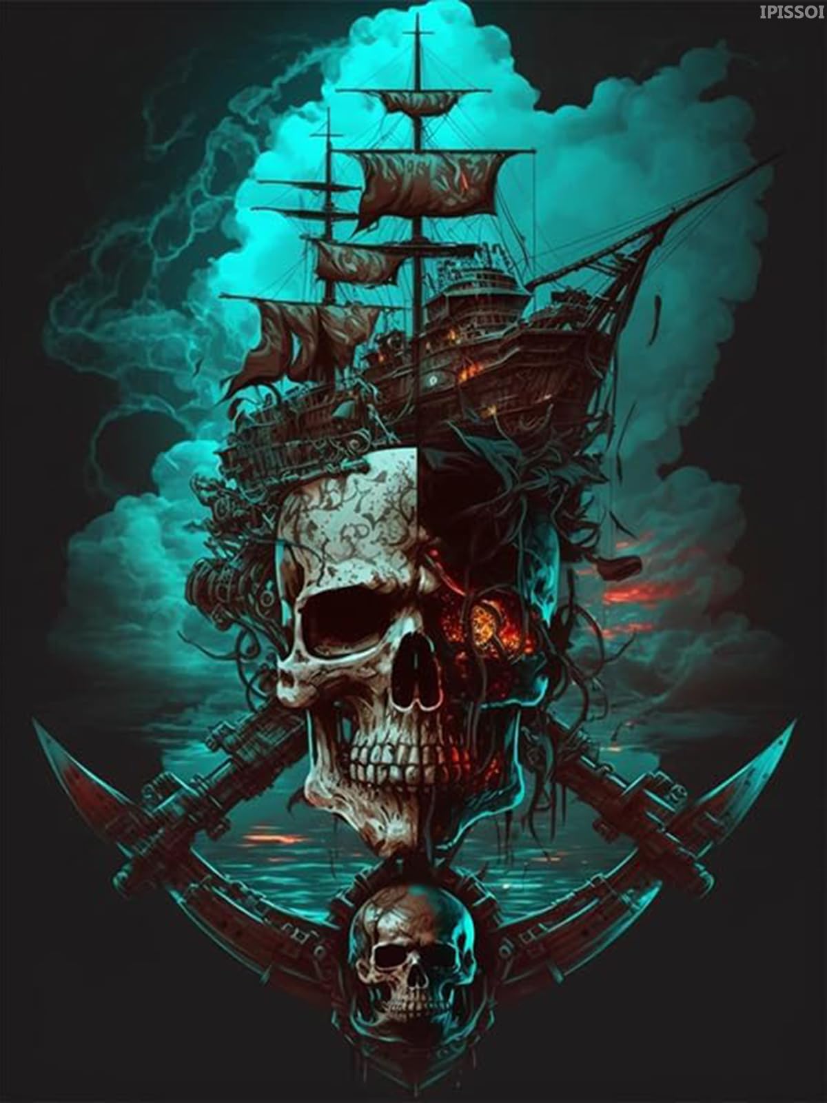 IPISSOI Diamond Painting Kits for Adults, Pirate Ship 5D DIY Diamond Art Kits Full Drill Diamond for Gift Wall Decor Gem Arts Skull Ship 12x16inch