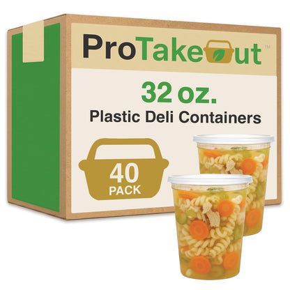 ProTakeOut 32oz [40 set] Heavy Duty Plastic Deli Container | BPA-Free Food Storage with Airtight Leak‑Proof Lids | Microwave, Freezer & Dishwasher Safe – Stackable, Bulk Reusable Soup & Meal Prep Tub