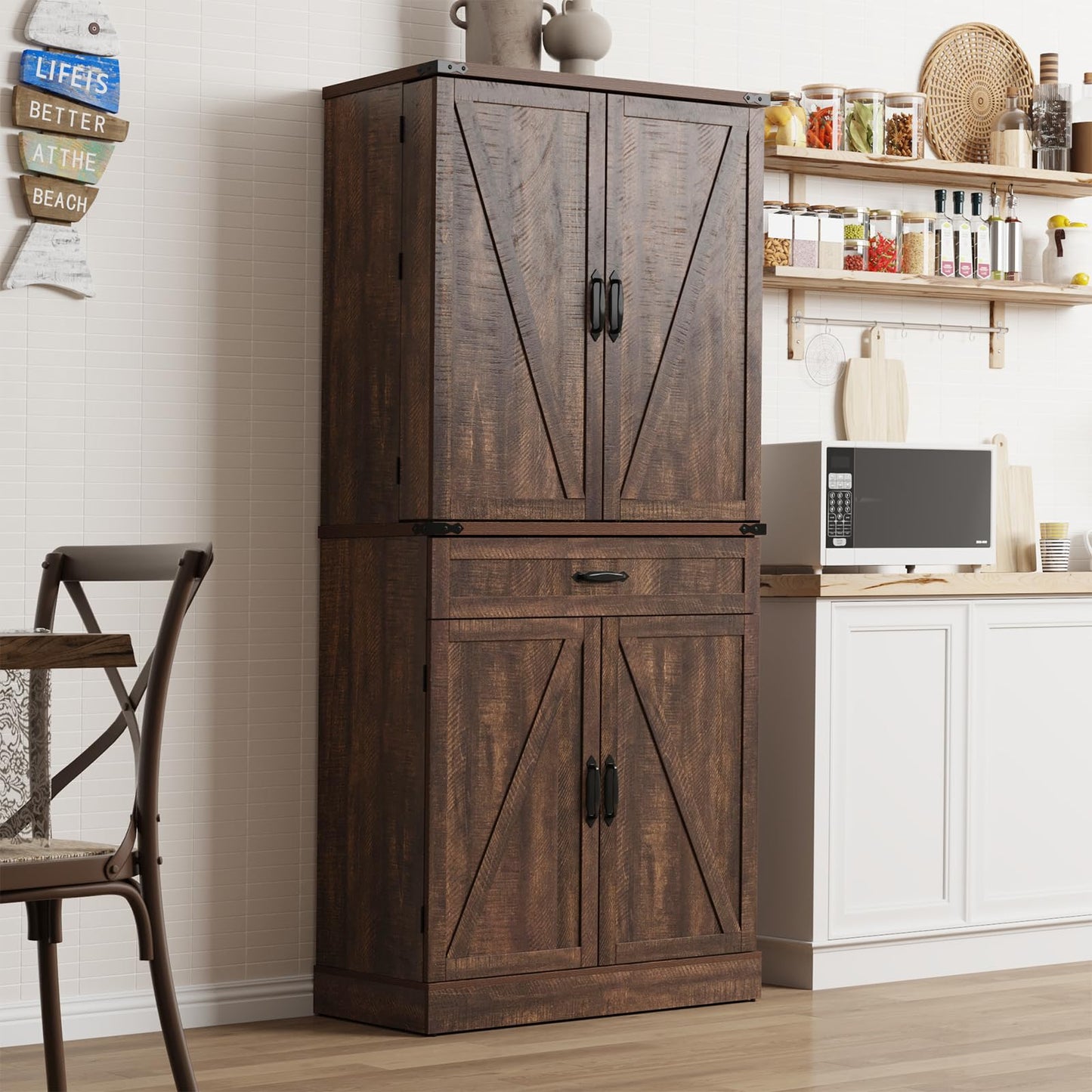 71" Tall Kitchen Pantry Cabinet with 3 Drawers,Farmhouse Storage Cabinet with 6 Barn Door Shelves,with Load-Bearing Steel Pipe and Adjustable Shelves,Pantry Organizer for Kitchen,Living Room(Brown)