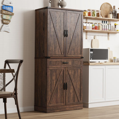 71" Tall Kitchen Pantry Cabinet with 3 Drawers,Farmhouse Storage Cabinet with 6 Barn Door Shelves,with Load-Bearing Steel Pipe and Adjustable Shelves,Pantry Organizer for Kitchen,Living Room(Brown)