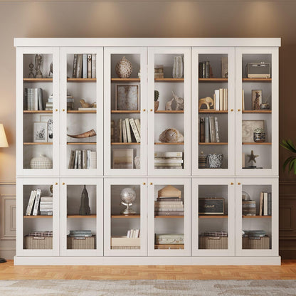 ivaniti 70.8" Bookshelf with Glass Doors, Farmhouse Modular Bookcase with 6-Tier Adjustable Shelves, Large Storage Cabinet for Living Room & Home Office, Set of 3, White