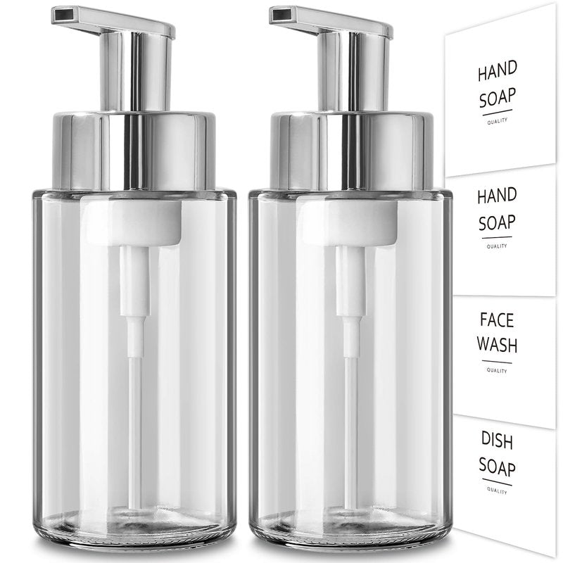 RYTOXILO Glass Soap Dispenser, 10 oz/300ml Foaming Soap Dispenser, 2 Pack Foaming Hand Dispenser for Bathroom & Kitchen, Clear Refillable Foam Soap Bottle with Silver Pump