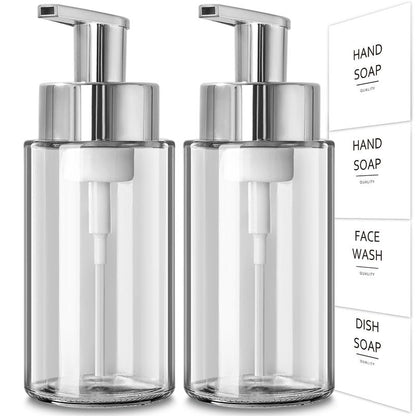 RYTOXILO Glass Soap Dispenser, 10 oz/300ml Foaming Soap Dispenser, 2 Pack Foaming Hand Dispenser for Bathroom & Kitchen, Clear Refillable Foam Soap Bottle with Silver Pump