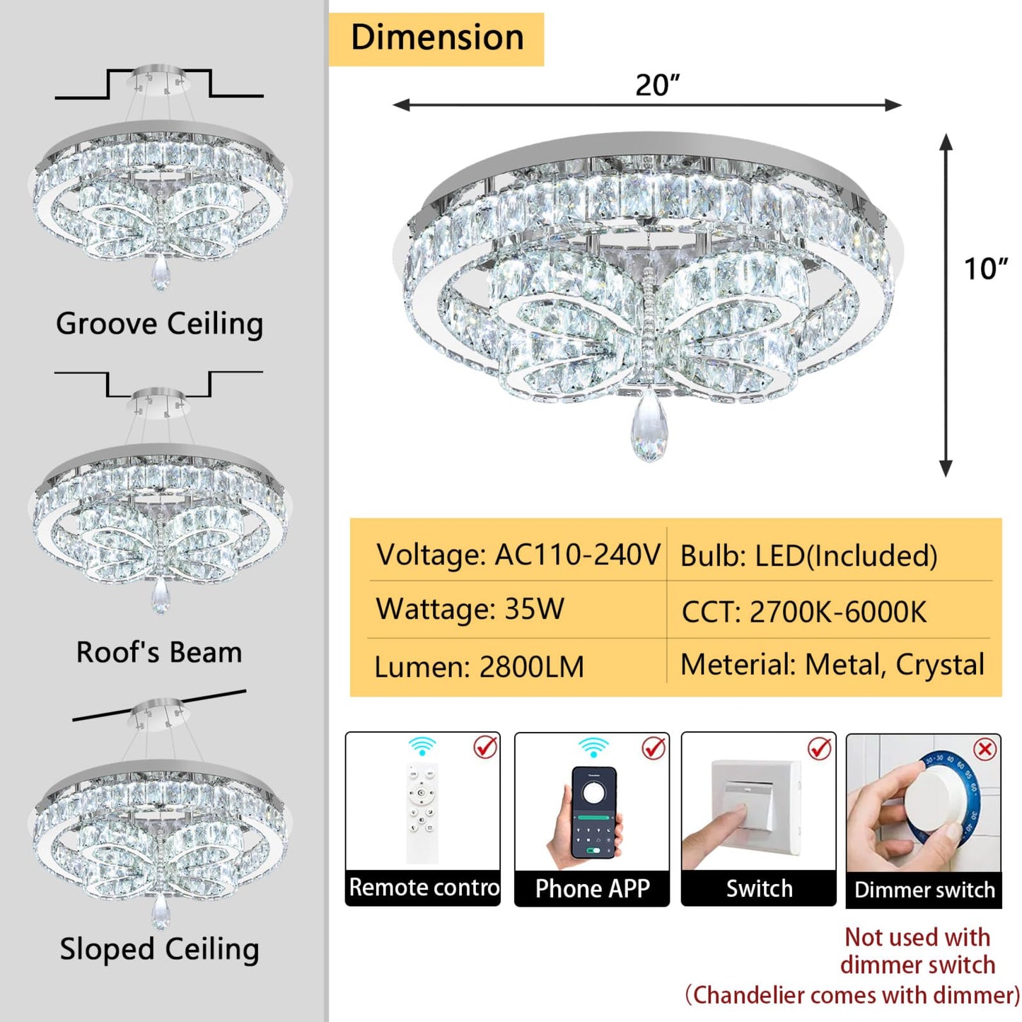 dolria Modern Crystal Chandelier LED 2-Tier Flush Mount Ceiling Lighting Dimmable Pendant Light for Living Room Bedroom Dining Room Entryway Hallway