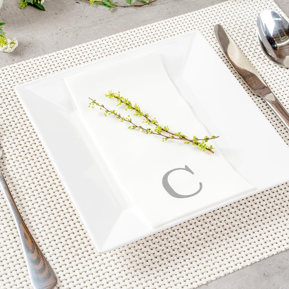 15.8 7.9 Inch 50 Luxenap X Linen-Feel Guest Towels, Lettered Hand Towels - Silver Letter 'C', Sans Serif Font, White