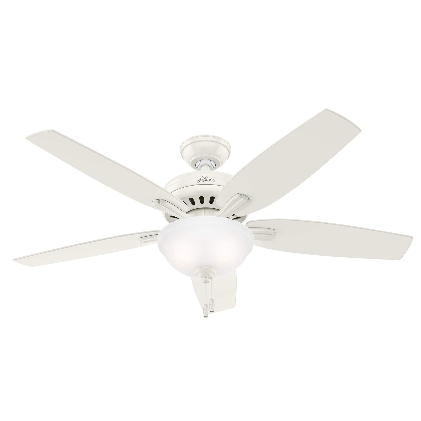 Hunter 52 inch Indoor Ceiling Fan with LED Light - White Ceiling Fan with Pull Chain, For Bedroom or Living Room, Standard Mount, No Remote, 5 Blades, Includes Bulbs - Newsome 53310, Fresh White