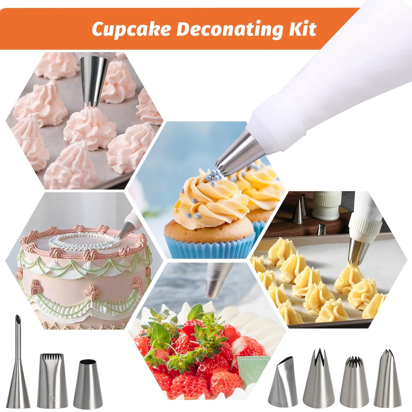 Piping Bags and Tips Set, Frosting Piping Kit for Baking with Pastry Bags and Tips, Standard Converters, Silicone Rings, Reusable cotton Piping Bags Easy to Clean for Cookie Icing, Cupcake