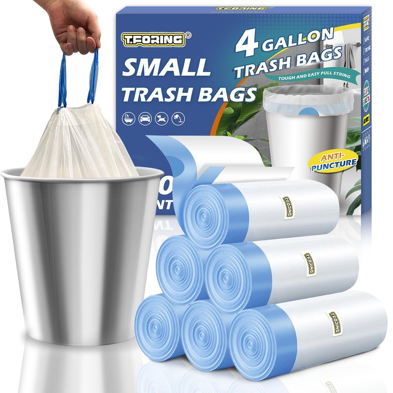 T.FORING Small Trash Bags 4 Gallon with Drawstring, 1.1 Mil 15 Liter White Thick Unscented Small Plastic Garbage Bags for Bathroom, Wastebasket Liners for Toilet Home Office and Bedroom (4 Gal-120)