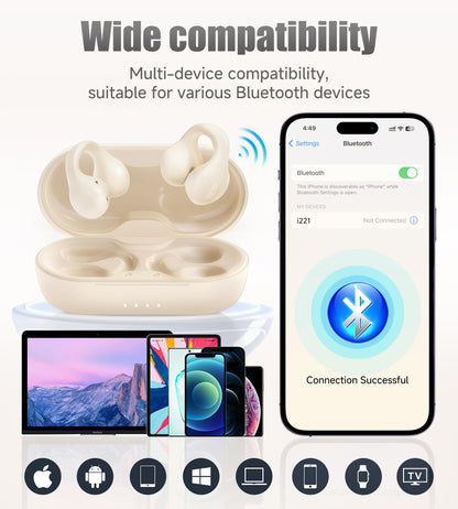 King Lucky i21 Open Ear Clip On Earbuds Wireless Bluetooth Ear Clip Headphones with Mic,Noise Cancelling, Waterproof IPX4,for Small Ears,Perfect for Running,Sports,Glasses Wearers (White)