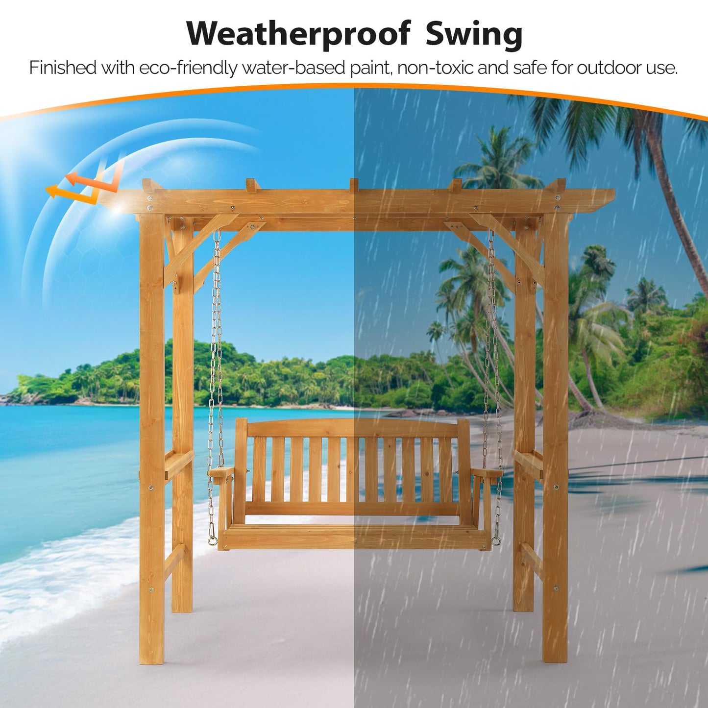 VINGLI 4 FT Heavy Duty Wooden Porch Swing with Stand, Waterproof Patio Swing with Archway-Shaped Swing Set, Outdoor Swing Chair with Frame for Garden, Yard and Patio