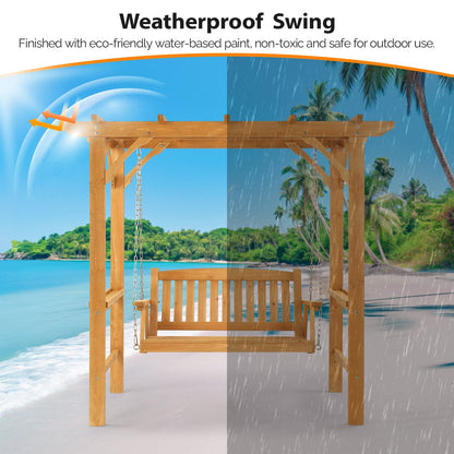 VINGLI 4 FT Heavy Duty Wooden Porch Swing with Stand, Waterproof Patio Swing with Archway-Shaped Swing Set, Outdoor Swing Chair with Frame for Garden, Yard and Patio
