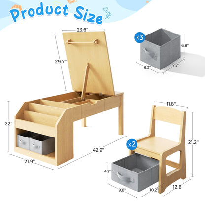 5-in-1 Kids Art Table and Chairs, Toddler Table and Chair Set, Craft Play Desk for Kids, Convertible Art Easel with Paper Roll Holder & Storage Drawers, Children Activity Learning Center - Nature Wood