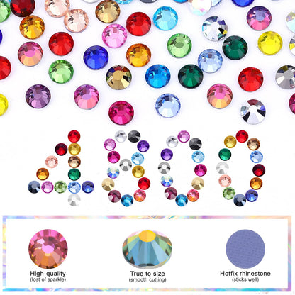 24 Colors Hotfix Rhinestones Kit, SS20 Glass Flatback Crystals for Clothes, Hats, Shoes & Crafts with 4 Tools, Tweezers, Wax, Pencil, Spoon hot fix kit(Color B)