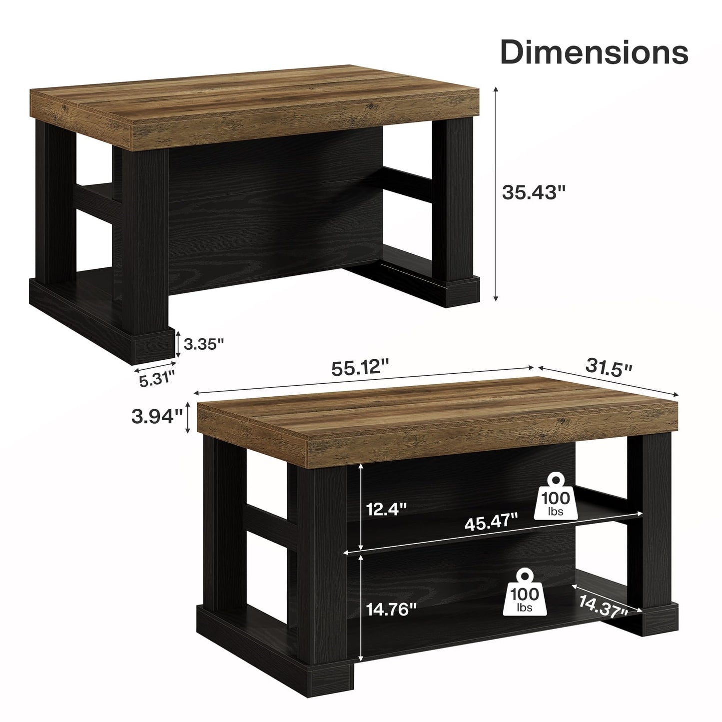 Tribesigns Kitchen Island with Storage, 55-Inch Farmhouse Stationary Island Table with Large Countertop, 3-Tier Wooden Center Bar Table for Kitchen, Dining Room, Black and Brown