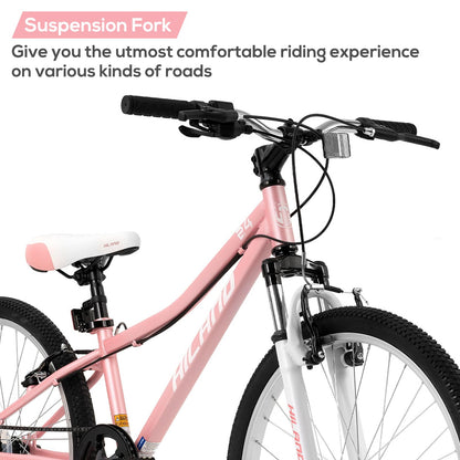HH HILAND 24 Inch Mountain Bike for Kids Age 7-15 Year Old, Front Suspension Fork Kids' Bicycles for Boys Girls Pink