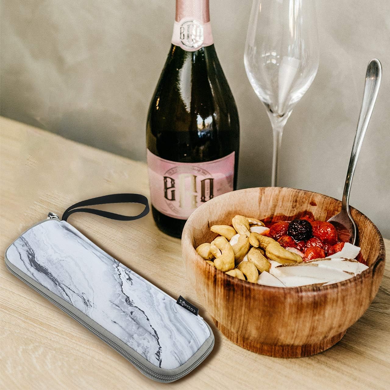 CM Reusable Portable Travel Tableware Carrying Bag, Storage Case for Cutlery, Flatware Organizers, Marble White