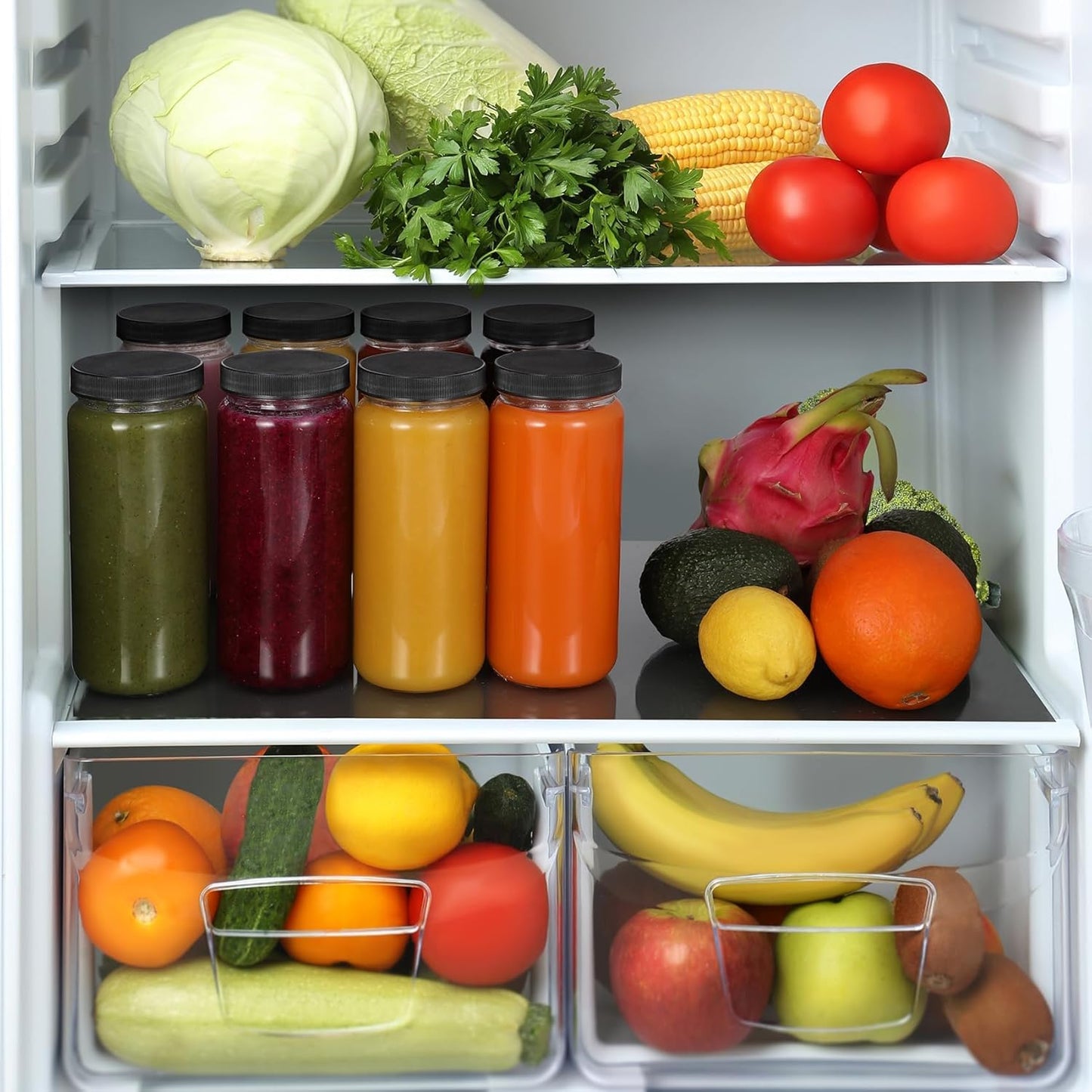 12 PACK, 16 OZ 2 Glass Juice Bottles with Airtight Lids, Bonus Straws & Perforated Lids, Reusable Juicer, Juicing